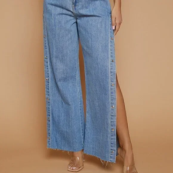 Medium Wash Casual womens Snap Button Side Trim Wide Leg Raw Hem Jeans - Picture 4 of 5